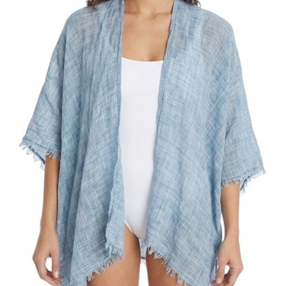 Vince Camuto Blue Shrug Poncho Gauzy Cover Up One Size Frayed Fringe Raw Hem